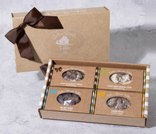 Load image into Gallery viewer, 1 lb Variety Toffee Box with Dark Chocolate, Classic White Pistachio, Sea Salt and Almond Toffee, brown ribbon