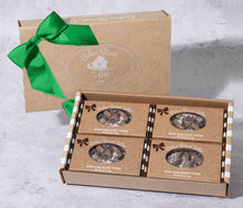 Load image into Gallery viewer, Dark Chocolate Toffee 16 oz: four 4 oz boxes, green ribbon
