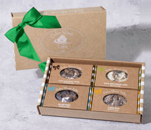 Load image into Gallery viewer, 1 lb Variety Toffee Box with Dark Chocolate, Classic White Pistachio, Sea Salt and Almond Toffee, green ribbon
