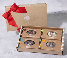 Load image into Gallery viewer, 1 lb Variety Toffee Box with Dark Chocolate, Classic White Pistachio, Sea Salt and Almond Toffee, red ribbon
