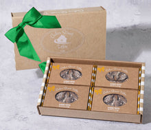 Load image into Gallery viewer, Almond Toffee 16 oz: four 4 oz boxes, green ribbon
