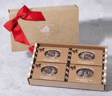 Load image into Gallery viewer, Dark Chocolate Toffee 16 oz: four 4 oz boxes, red ribbon
